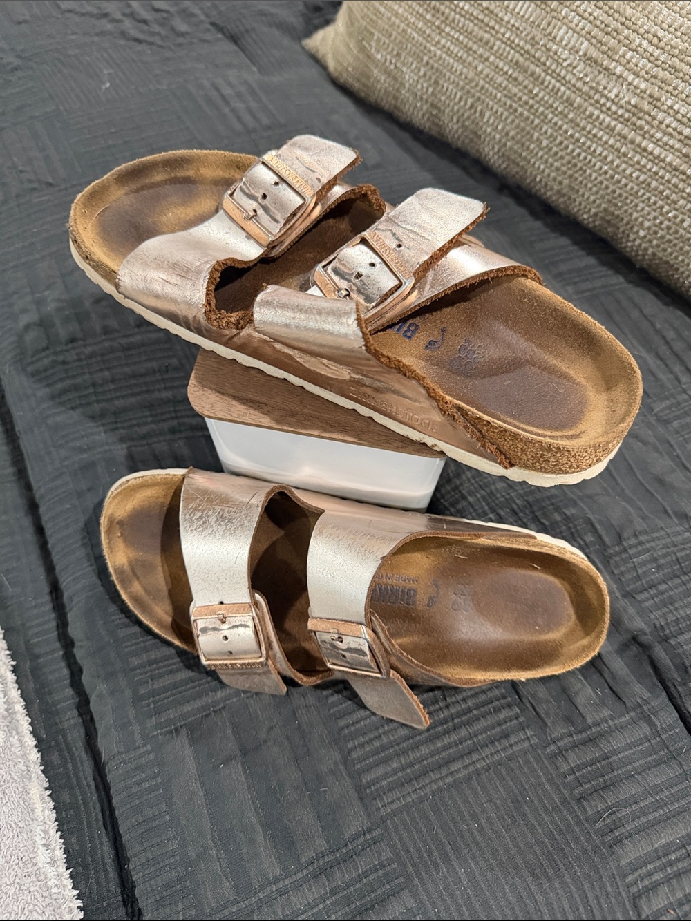 Birkenstock Arizona Metallic Rose Gold Two-Strap Slide Sandal - Women's